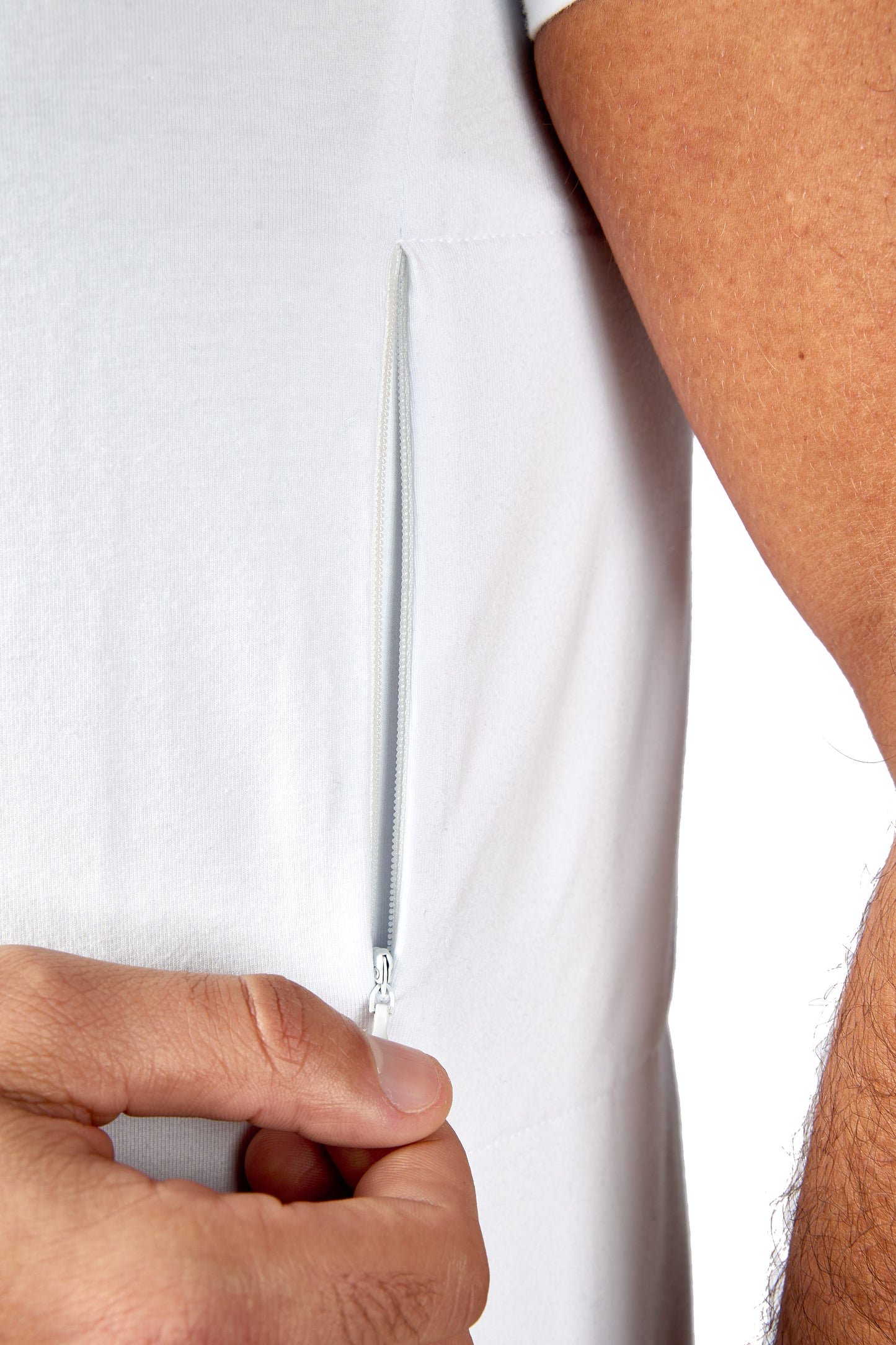 White mens tee shirt with side pockets